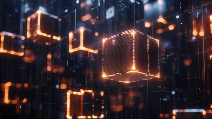 Wall Mural - a futuristic technology background featuring floating light cubes in a digital space, symbolizing in