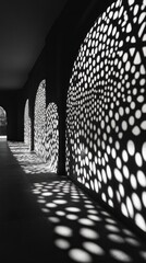 Fototapete - Dappled sunlight filters through ornate cutouts, casting mesmerizing patterns across a shadowy hallway