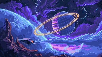 Wall Mural - pixel art style illustration of a spaceship in space with asteroids.