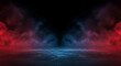© Bluum - Mysterious dark background with red and blue neon fog reflection on wet floor. Empty night scene with glowing smoke and light. Modern futuristic backdrop for banner design with copy space
