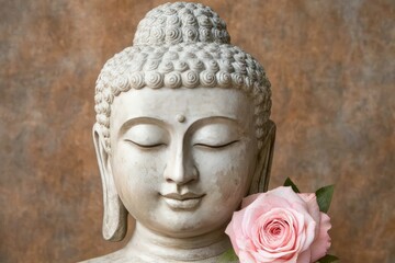 Peaceful Buddha statue, rose, brown background, meditation