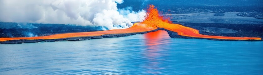 A volcano erupts into the ocean, creating a fiery orange river