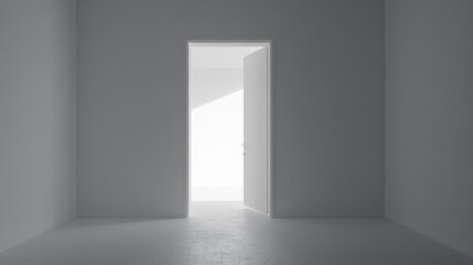 Fototapete - An open door reveals a soft glow of light filtering into a serene white room. The minimalist space invites introspection, highlighting endless possibilities waiting beyond the threshold