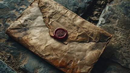 Wall Mural - A worn, leather envelope with a wax seal sits on a dark, textured surface.