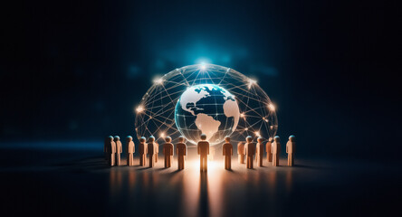 Poster - A digital network sphere surrounds the globe as people figures stand around it, symbolizing global connection and teamwork.