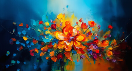 Aufkleber - Vibrant abstract floral artwork featuring a colorful bouquet of flowers with dynamic brushstrokes and rich texture against a dark blue backdrop.