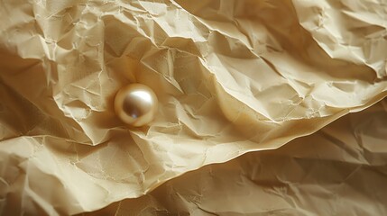 Wall Mural - A white pearl lies on a crumpled sheet of beige paper.