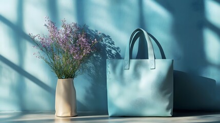 Wall Mural - A serene scene featuring a blue bag and a vase of flowers against a soft blue wall.