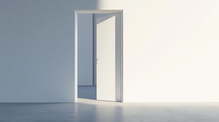 Fototapete - A softly illuminated open door stands in a pristine white room, casting gentle shadows. The inviting entryway sparks intrigue about what lies beyond in the minimalistic space