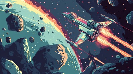 Wall Mural - a pixel art illustration of a spaceship flying through an asteroid field.
