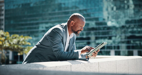 Poster - Happy, black man and business with tablet on balcony in city for company finance, analysis or research. Businessman, accountant or financial analyst with technology on rooftop for online investment