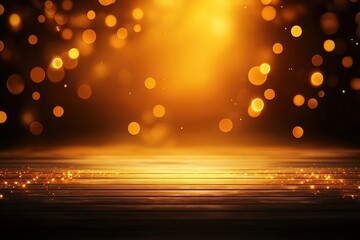 Wall Mural - Golden bokeh lights illuminate a dark wooden surface, creating a warm, inviting, and luxurious background.