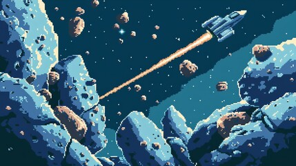 Wall Mural - pixel art style illustration of a spaceship in space with asteroids.