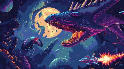 Wall Mural - a pixel art illustration of a spaceship flying through space, with a giant, pixelated space dragon i