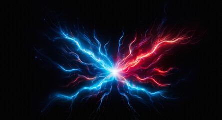 Aufkleber - Dynamic convergence of blue and red lightning bolts on a black backdrop. Energetic clash of vibrant light and color as forces meet in a central burst.