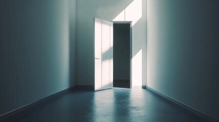Fototapete - In a peaceful room painted in white, a door stands ajar, allowing soft beams of light to stream in, illuminating the tranquil interior and evoking a sense of exploration