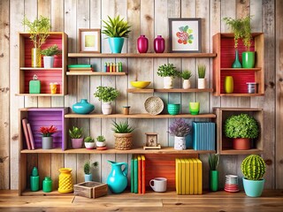 Isolated Wooden Shelves with Vibrant Decor