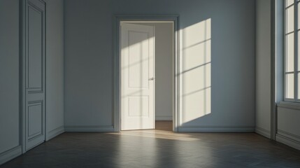 Fototapete - Light cascades through an open door, illuminating a minimalist white room. The warm glow creates a tranquil atmosphere, inviting exploration and quiet reflection in its inviting space