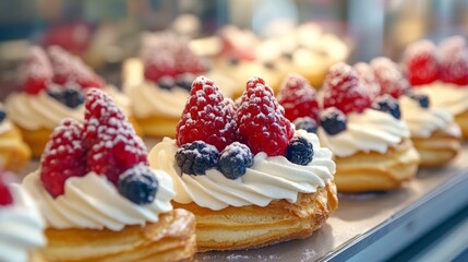 Wall Mural - Delicious raspberry and blueberry pastries with whipped cream on display