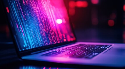 Laptop displaying colorful code at night.