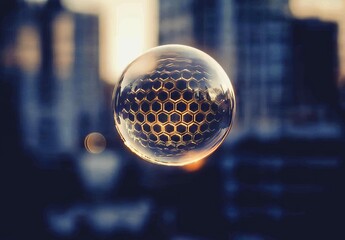 Wall Mural - Macro photograph taken at close range of a soap bubble displaying a vibrant rainbow of colors that blend and swirl to resemble a fantastical galaxy or planet set against a black backdrop