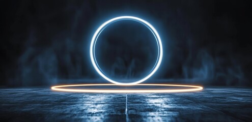 Wall Mural - a futuristic portal with an orange glow and neon round shape, constructed from sci-fi metal