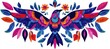 © schmidt - A watercolor texture digital illustration of an abstract floral pattern with birds and a red and blue folklore motif is set against a white background in this horizontal botanical design and modern