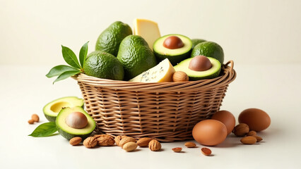 Wall Mural - Basket of Ketogenic Keto Diet Food on Clean Background: Avocado, Eggs, Cheese, Healthy Unsaturated Fats