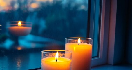 Poster - Two Lit Candles on Window Sill with Blue Sky Background and Reflection