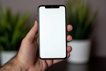 A man seated on a chair in a home interior is using a smartphone that features a blank screen and a modern frameless design