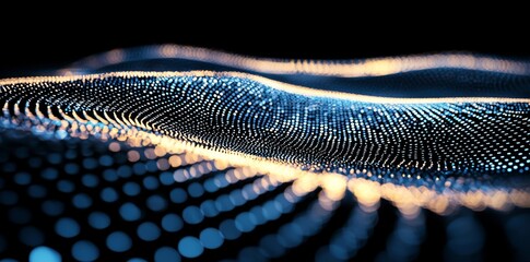 Digital wave technology with flowing particles and multiple connections on lines is set against a dark background to create a beautiful corporate concept