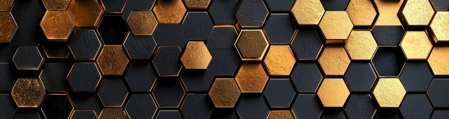 Wall Mural - luxury hexagonal abstract black metal background featuring golden light lines, accompanied by a dark
