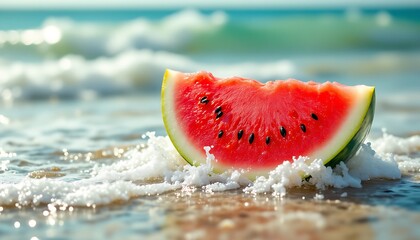 Wall Mural - A slice of watermelon on the beach with crashing waves  with seascape view on blue sky