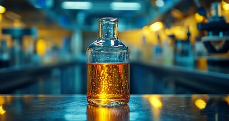 Leinwandbilder - Clear Glass Bottle With Orange Liquid On a Table With Blurred Background And Yellow Lights