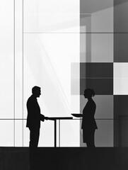Aufkleber - Two silhouetted figures engaged in negotiation at a modern office during the evening. Generative AI