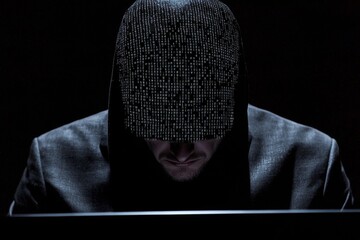A businessman utilizing computer and futuristic hologram code for the development of cyber security software, website seo, and blockchain cybersecurity, alongside web development, programming, and
