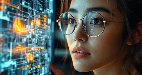 Poster - Woman Wearing Glasses Examining Data Visualization with Blue and Orange Light