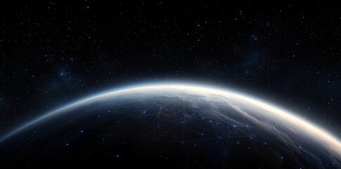 Wall Mural - a dark wallpaper serves as the backdrop for a creative glowing globe hologram, which represents the 