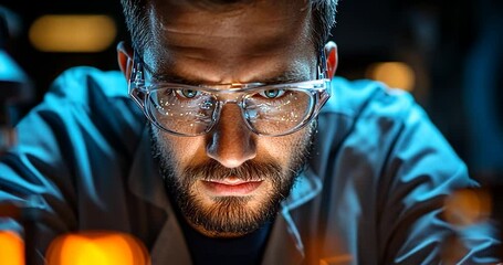 Leinwandbilder - Laboratory scientist and researcher in white coat wearing safety glasses with warm lighting and bokeh lights, looking at the equipment in detail, close up, portrait style