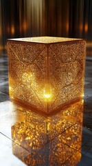 Canvas Print - Illuminated Golden Cube With Intricate Carving Detail