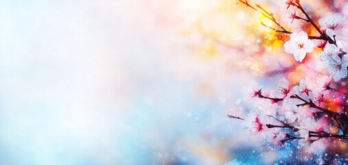 Poster - Cherry blossoms bloom vibrantly against a soft spring background, creating a serene atmosphere filled with bright pastel colors.