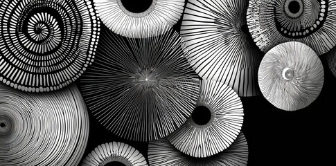 The pattern combines seamless hand drawn geometric concentric circles with an abstract motif of white striped barnacle or coral sea life on a black background, finished with a woodcut sun burst