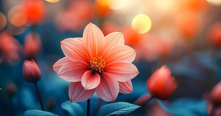 Poster - Close Up Of A Pink Flower In A Garden Setting with Blur Background and light