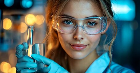 Poster - Young Scientist In Lab Holding Test Tube Wearing Goggles In Blue And Orange Background