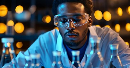 Aufkleber - Black man wearing glasses in a laboratory looking at a beaker in the lab with blue light