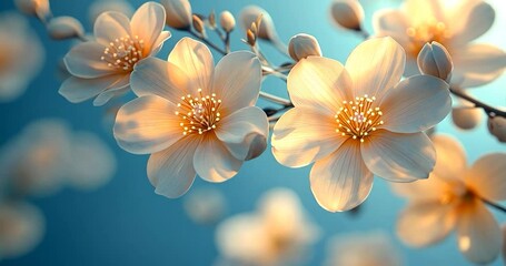 Aufkleber - Close-up of White Blossoms on a Branch with Blue Background and Soft Lighting