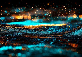 Wall Mural - The abstract background features a shimmering surface that reflects a blurry glow of lights