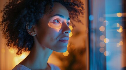 Aufkleber - A woman engages in mindfulness practice, focusing on her mental health while gazing thoughtfully out of her window, illuminated by soft evening lights.