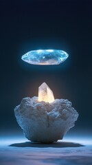 Sticker - Glowing Crystal and Floating Stone Against a Dark Blue Background