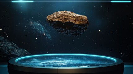 Wall Mural - a floating asteroid hovers inside of an illuminated sci fi setting